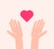 Flat background with two hands receiving or sending heart icon. Vector illustration for charity, help, supporting, work of volunte