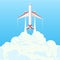 Flat banner on the theme of travel by airplane, vacation, adventure. Private airlines, transportation. A flying plane