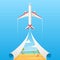 Flat banner on the theme of travel by airplane, vacation, adventure. Private airlines, transportation. A flying plane