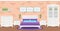 Flat bedroom design. Vector illustration. Background with brick