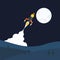 Flat Bitcoin rocket at night thrusting to moon through mountains