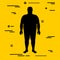 Flat black characterizing male silhouette for extremely obese stage of body mass index on yellow background