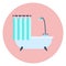 Flat blue shower bath and shower curtain, bathtub