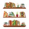 Flat book on bookshelves. Pile books on shelf with stationery and glasses for school room. Stack dictionary for education. Office