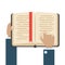 Flat book icon and hands. Library books, open dictionary page and encyclopedia on stand. Pile of paper magazines, ebook globe and