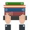 Flat book  stack icon and hands. Library books, open dictionary page and encyclopedia on stand. Pile of paper magazines, ebook