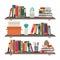 Flat bookshelves. Shelf book in room library, reading book office shelf wall interior study school bookcase vector