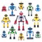 Flat bots and robots. Robotic bot mascot, humanoid robot and cute chatbot assistant vector flat characters set