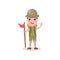 Flat boy scout standing with red flag and waving hand, summer camp activities