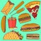 Flat bright pop art vector fast food icons set including burrito, burger, pizza, sandwich, taco, corn dog
