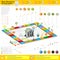 Flat business infographic background with financial board game game cells, dice, game pieces, money, pointer, icons