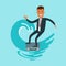 Flat businessman wave surfing vector. Successful B