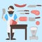 Flat butcher shop design elements and icons. Meat products. Man character.