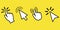 Flat button with cursors on yellow background. Pointer icon. Cursor sign. Hand cursor icon. Click arrow. EPS 10.