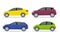 Flat car in side view for race. Cartoon vehicle collection on isolated background. Sport jeep, sedan, universal for family trip.