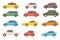 Flat cars. Cartoon vehicle side view. Taxi, minivan, mini car, suv and pickup truck. City auto transport icons