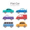 Flat cars set. Taxi and minivan, cabriolet and pickup. Bus and suv, truck. Urban, city cars and vehicles transport vector