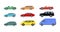 Flat cars set. Taxi and minivan, cabriolet and pickup. Bus and suv, truck. Urban, city cars and vehicles transport vector flat