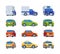Flat cars. Various views of vehicles body face of transport model position garish vector cars illustrations
