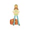 Flat cartoon bearded man hippie standing with arms akimbo near retro suitcase. Happy male in classic sixties hippy