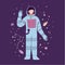 Flat cartoon character spaceman. Astronaut greeting. Flat cartoon vector illustration.
