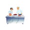 Flat cartoon characters chef assistants cooks meal,choosing ingredients,professional food cooking workflow vector