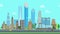 Flat cartoon city day looped animated. Business center with road highway avenue animated transport street traffic.