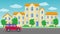 Flat cartoon city town with a red car, green trees, buildings. Road transport in front of the town house line. Summer cityscape. B