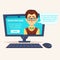 Flat cartoon cute funny teacher student geek on laptop screen with chat bubble vector illustration. Online, remote and