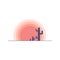 Flat cartoon desert sunset landscape with cactus silhouette.