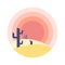 Flat cartoon desert sunset landscape with cactus silhouette in circle.