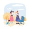 Flat cartoon family characters young moms and kids on stroll vector illustration concept