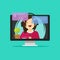 Flat cartoon girl in headset chatting, talking on internet, idea of online webinar or distance learning, internet