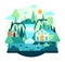 Flat cartoon illustration grass, tree, sky, clouds, waterfall, ground, and house - Spring and summer landscapes.