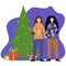 Flat cartoon lesbian couple standing near decorated Christmas tree and holding gift boxes preparing for winter holidays