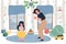 Flat cartoon mom and daughter characters in domestic quarrel,family conflict scene vector illustration concept