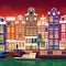 Flat cartoon multicolor colorful historic buildings city town Amsterdam panorama Holland.