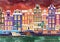 Flat cartoon multicolor colorful historic buildings city town Amsterdam panorama Holland.