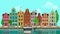 Flat cartoon multicolored colorful historic buildings city town suburb Amsterdam Holland looped animated background.