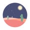 Flat cartoon night desert landscape with cactus silhouette in circle.