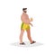 Flat cartoon overweight  chubby man on the beach. Wearing yellow shorts and black flip flops, holding beer. Trendy style vector il