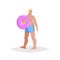 Flat cartoon overweight chubby young man on the beach. Wearing blue shorts, holding pink rubber ring. Trendy style vector illustra