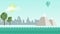 Flat cartoon panoramic city with ocean in front
