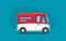 Flat cartoon red and blue post or delivery van vehicle with driver or courier on blue background