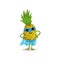 Flat cartoon smiling superhero pineapple standing with arms akimbo in blue mask and cape