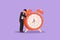 Flat cartoon style drawing of happy businessman or executive director standing and hugging big clock. Time management. Time, watch