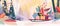 This flat cartoon style modern illustration features a sled with a pile of presents and a Christmas tree. Volume