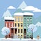 Flat cartoon style vector illustration of an winter city street with mountains. Three-four-story houses. snow-covered trees and