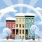 Flat cartoon style vector illustration of an winter city street with rainbow. Three-four-story houses. snow-covered trees and