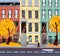 Flat cartoon vector illustration of autumn rainy city street. Three-four-story uneven colorful houses, foliage. Street cityscape.
